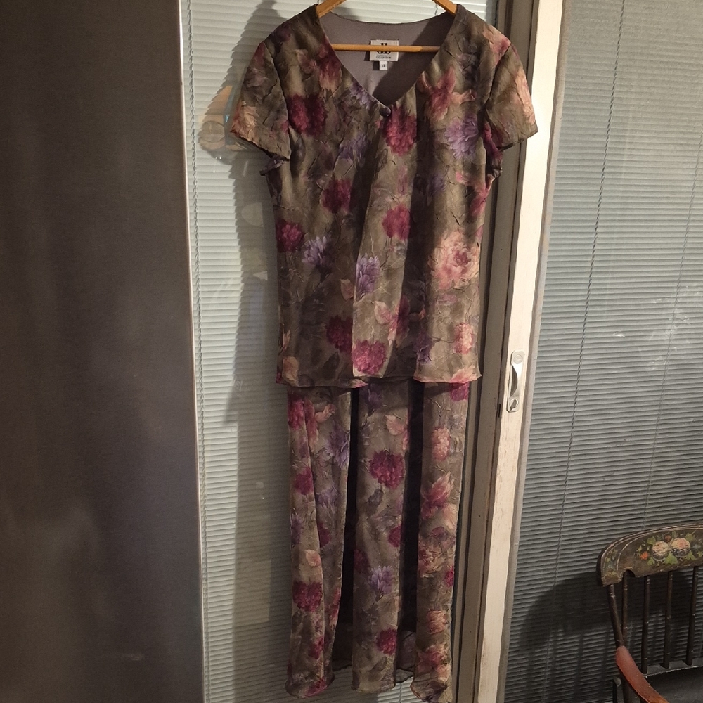Vintage DB Collection One Piece Slip On Floral Maxi Dress Olive Green Size 14